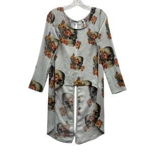 Mono B Women's Skull Floral Print High Low Top Blouse Shirt Sheer Open‎ Back S